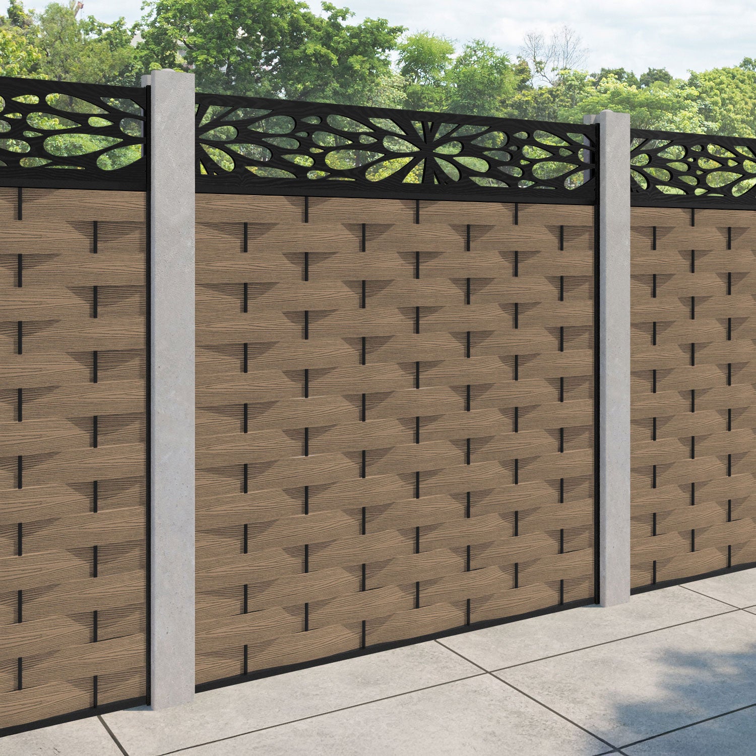 Ripple Blossom Fence Panel - Teak - for existing concrete posts