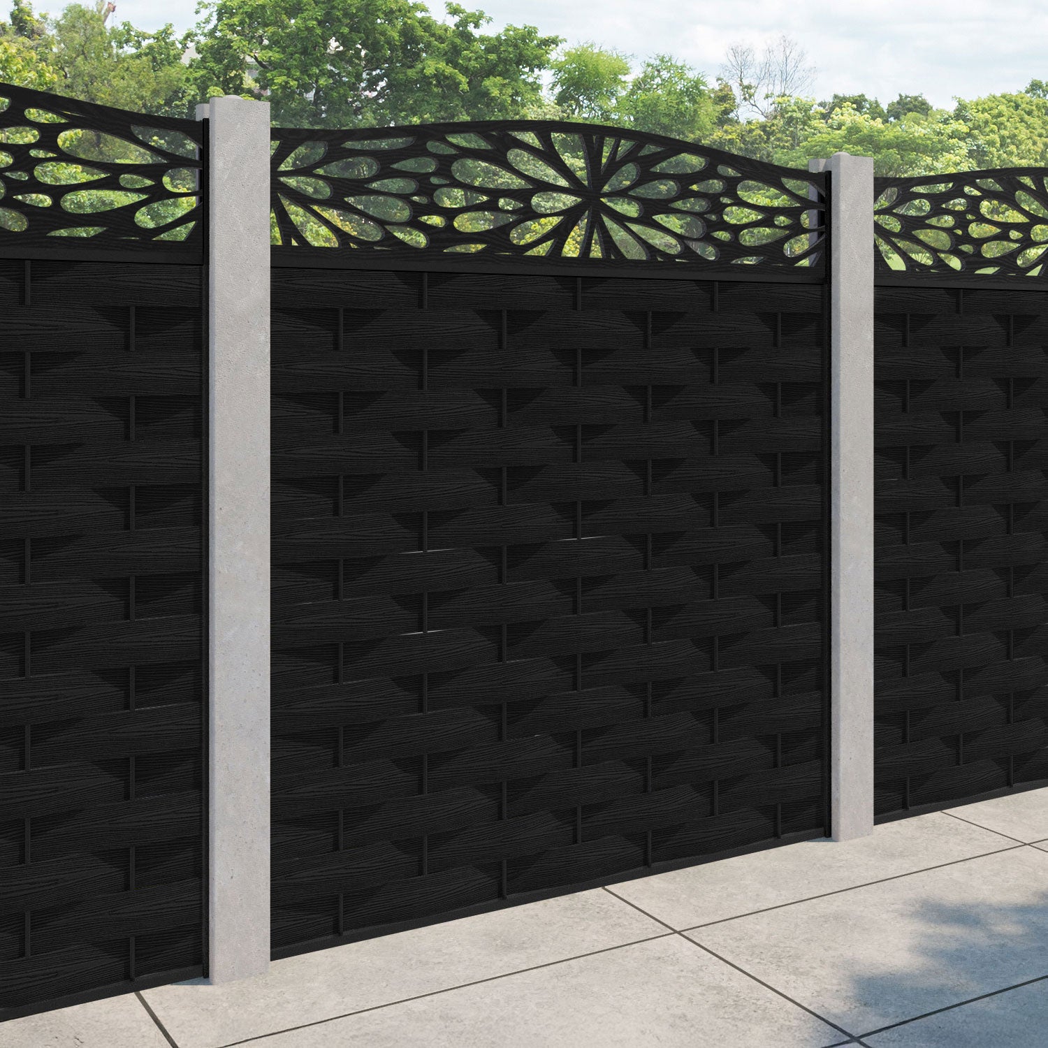 Ripple Blossom Curved Top Fence Panel - Black - for existing concrete posts