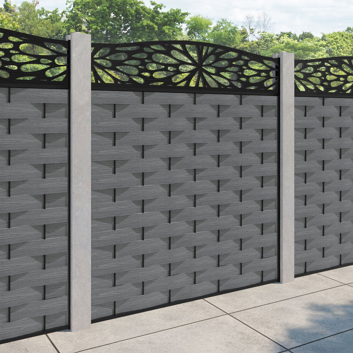 Ripple Blossom Curved Top Fence Panel - Mid Grey - for existing concrete posts