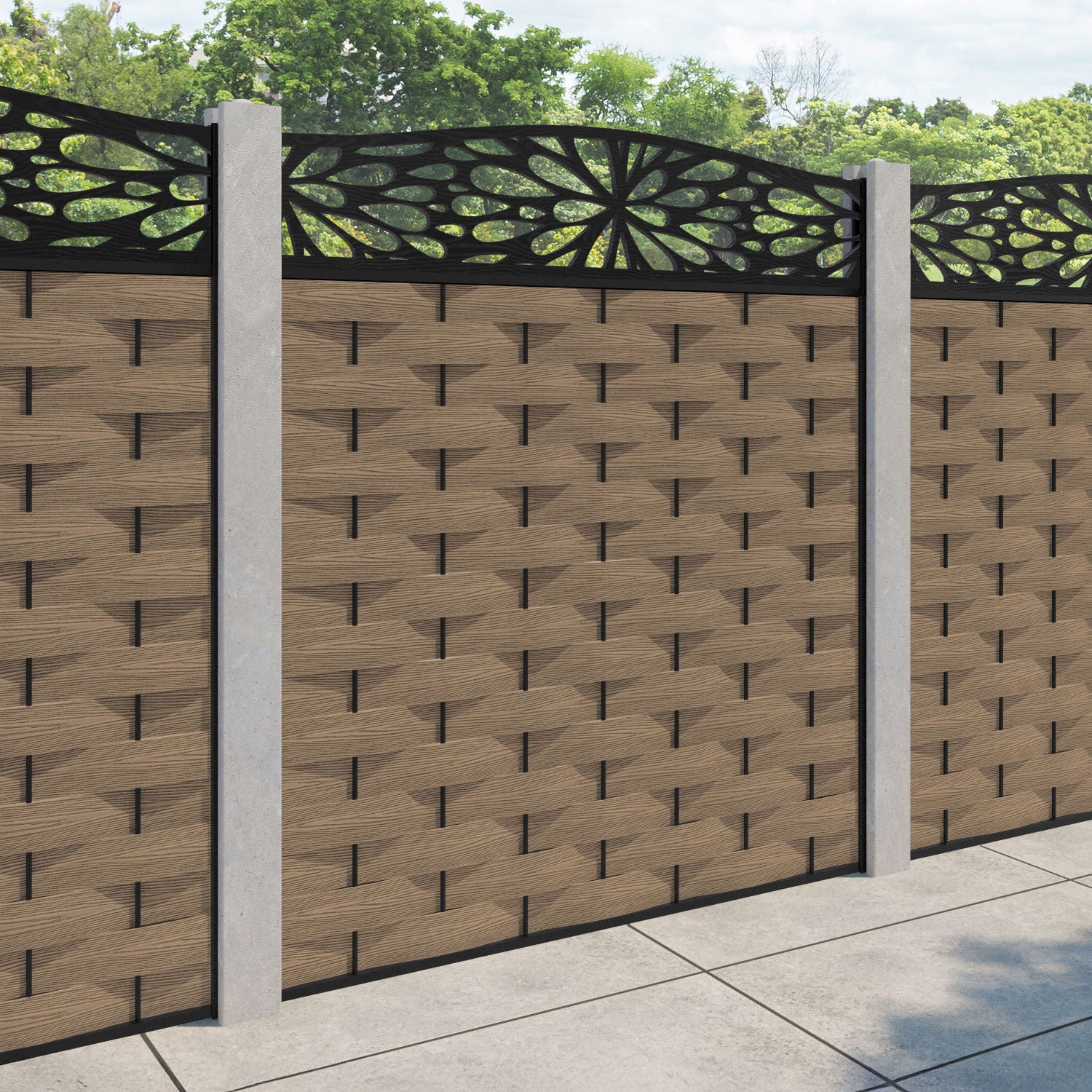 Ripple Blossom Curved Top Fence Panel - Teak - for existing concrete posts