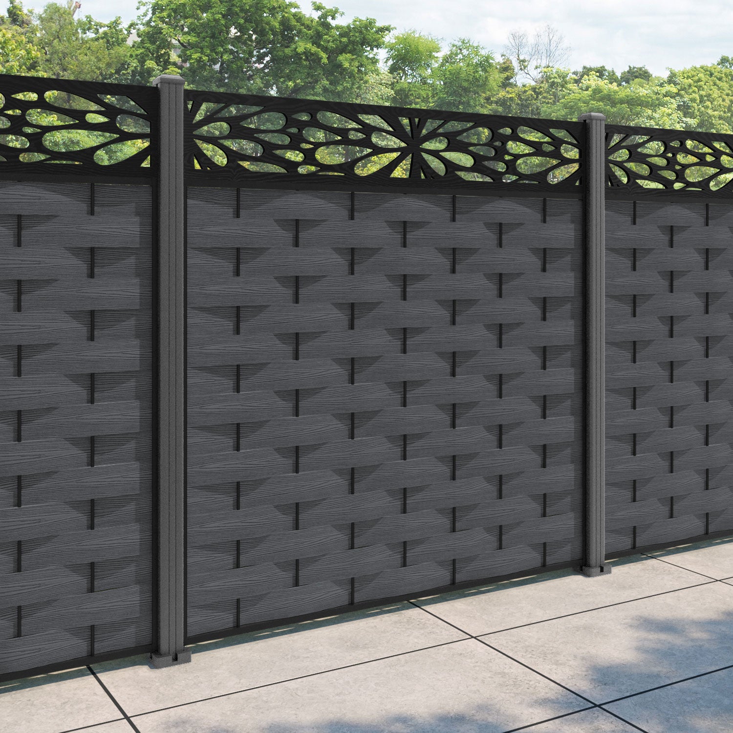 Ripple Blossom Fence Panel - Dark Grey - with our aluminium posts