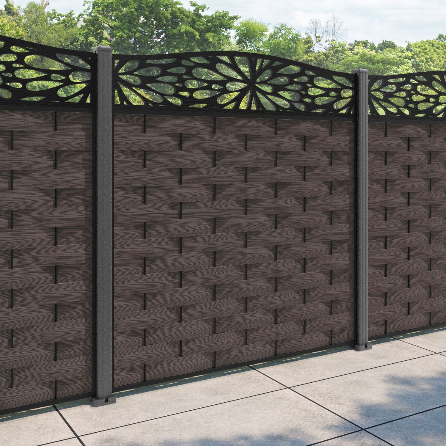 Ripple Blossom Curved Top Fence Panel - Mid Brown - with our aluminium posts