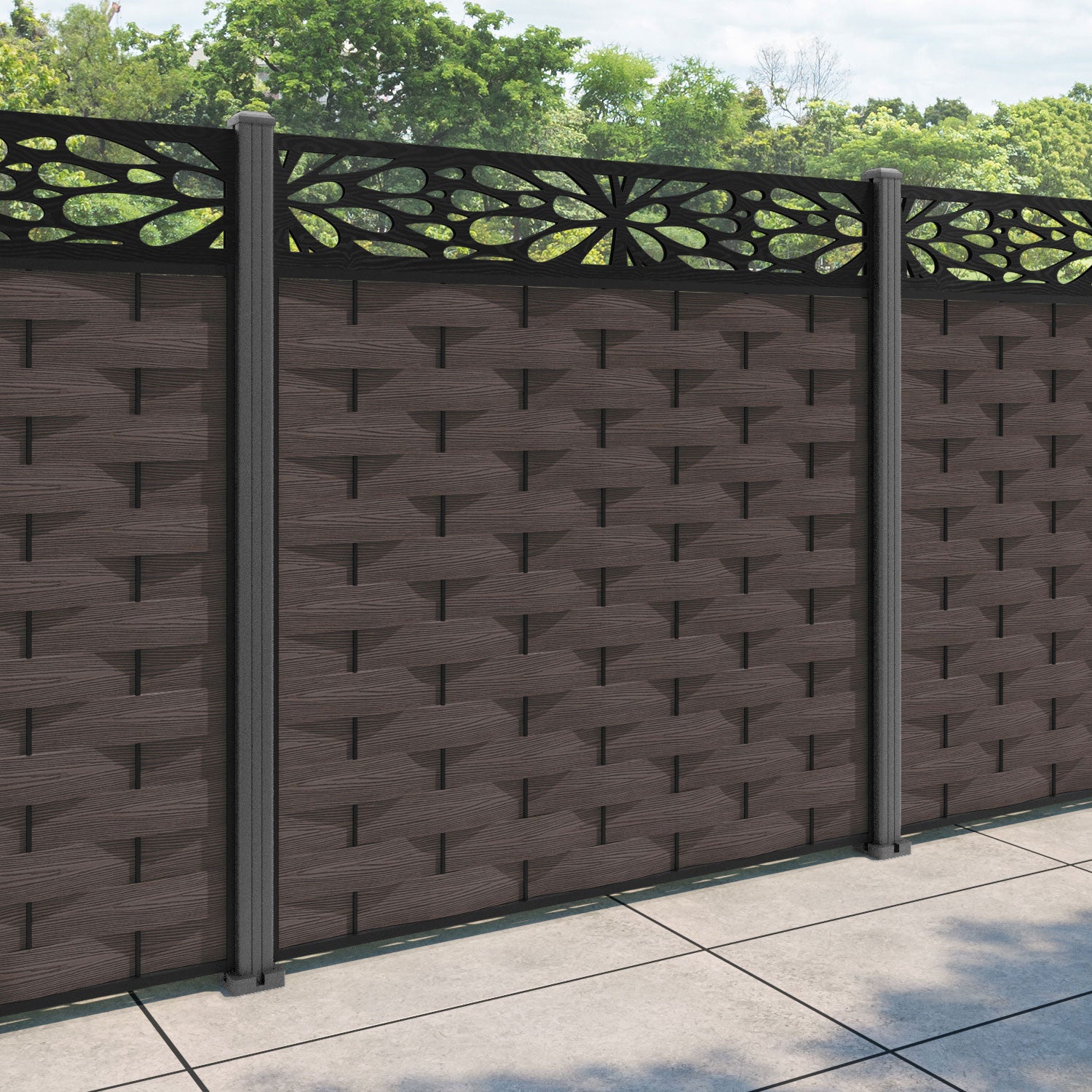 Ripple Blossom Fence Panel - Mid Brown - with our aluminium posts