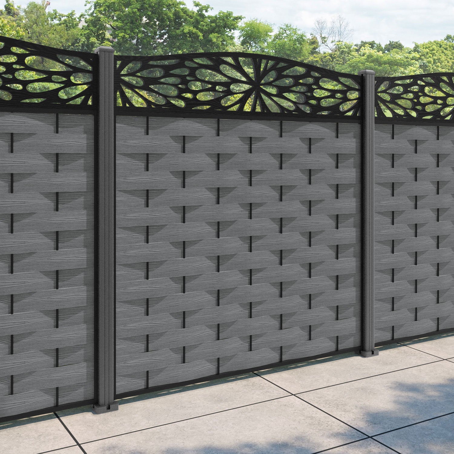 Ripple Blossom Curved Top Fence Panel - Mid Grey - with our aluminium posts