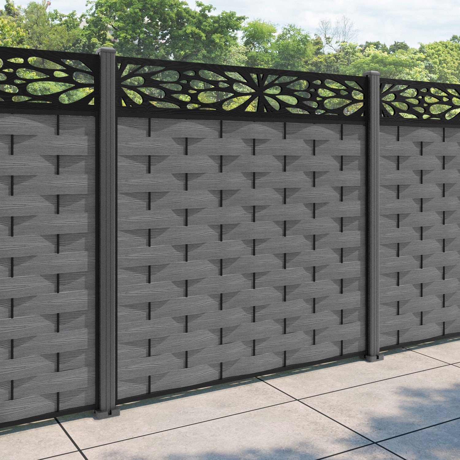 Ripple Blossom Fence Panel - Mid Grey - with our aluminium posts