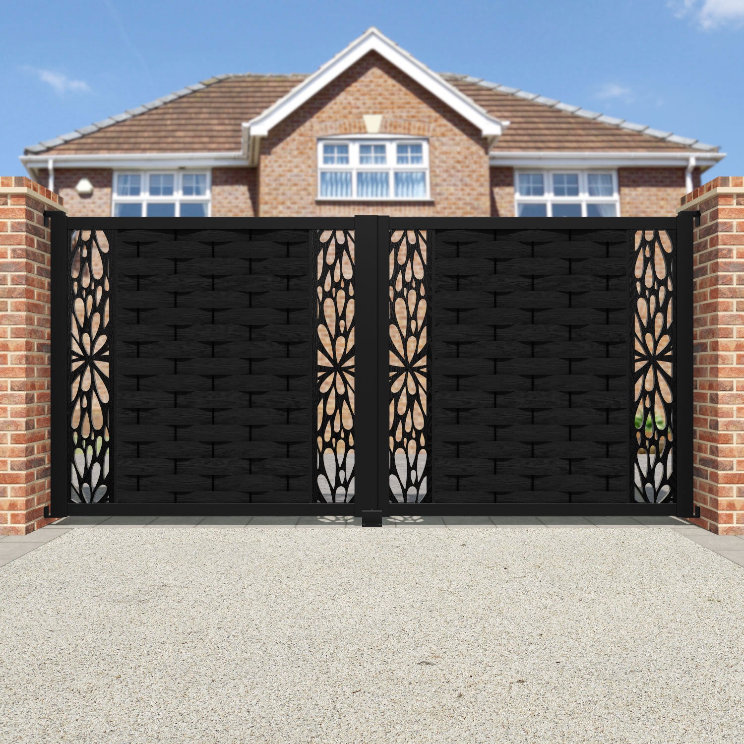 Ripple Blossom Straight Top Driveway Gate - Black - Middle & End Screen