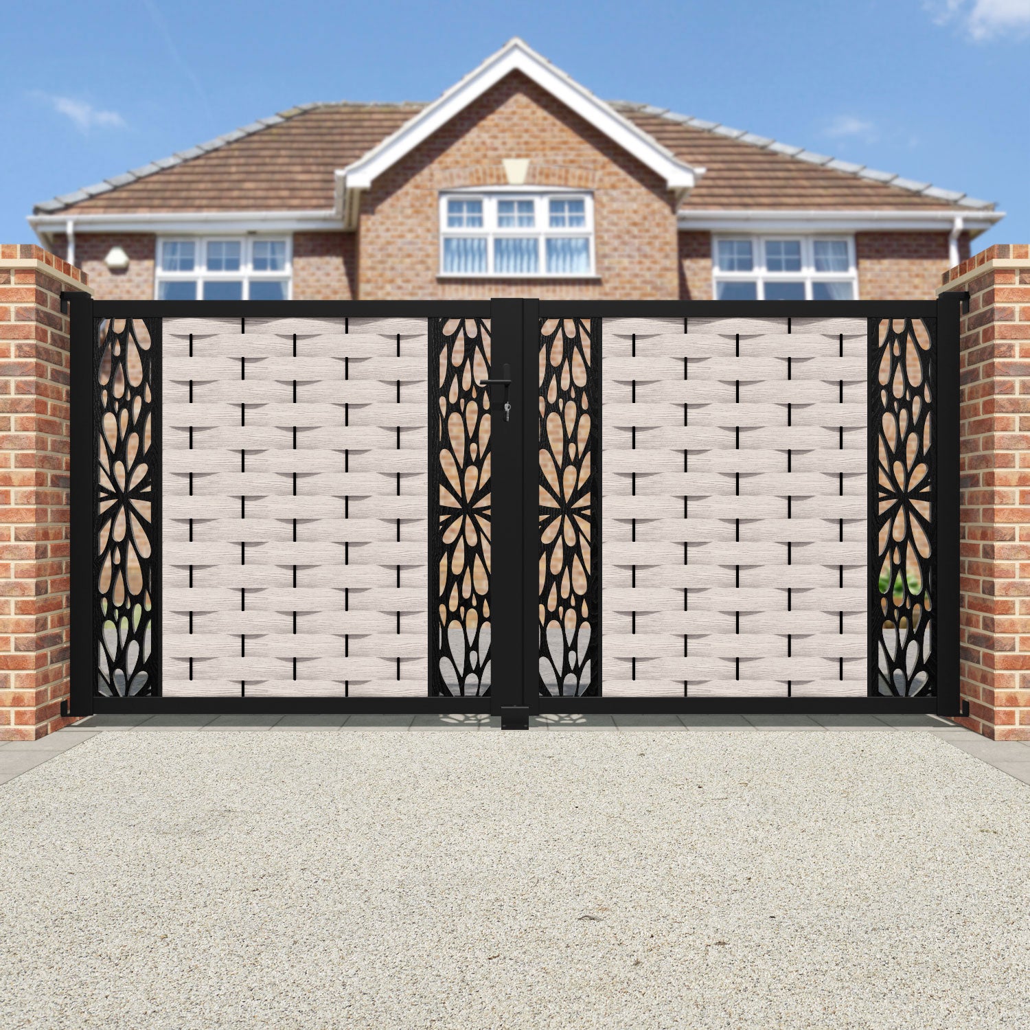 Ripple Blossom Straight Top Driveway Gate - Mid Stone - Middle & End Screen