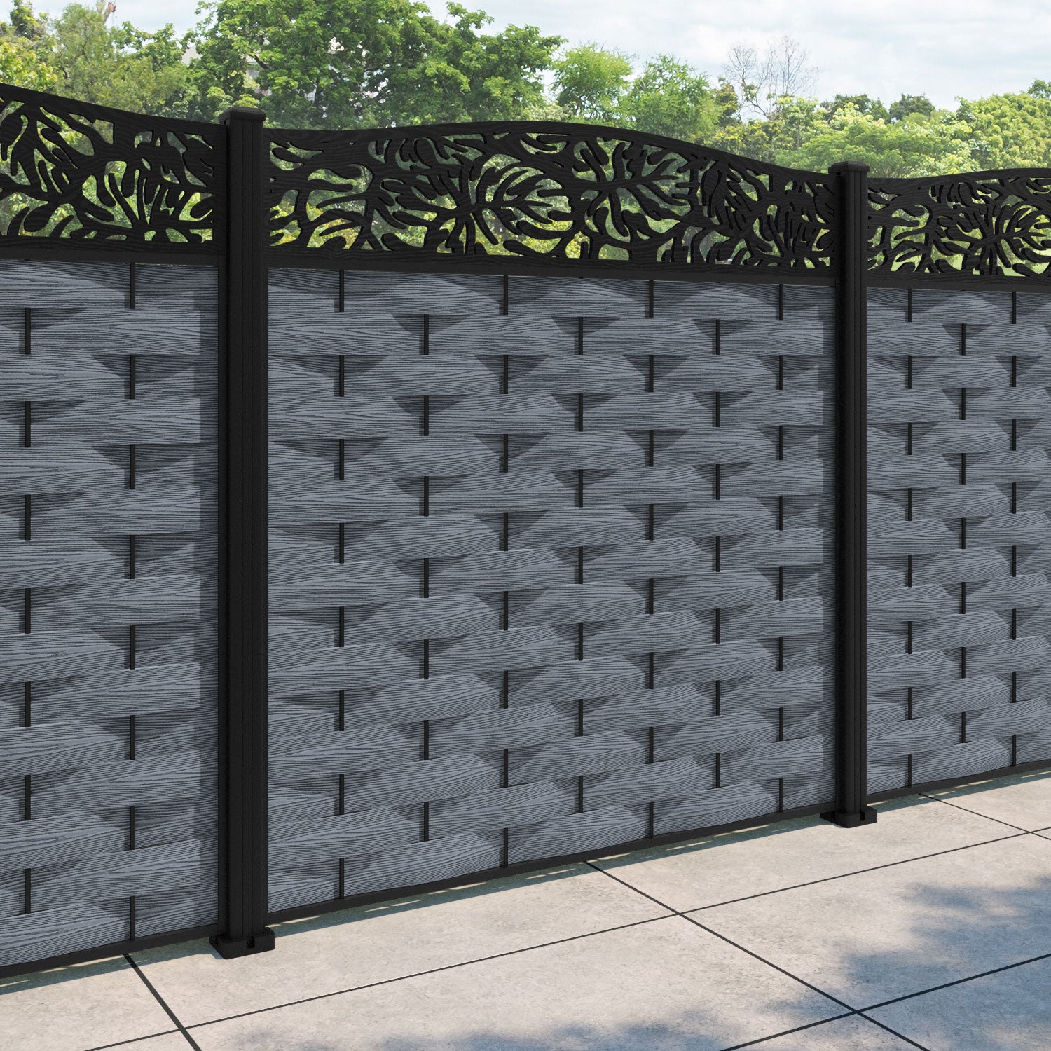 Ripple Botanic Curved Top Fence Panel - Anthracite - with our aluminium posts