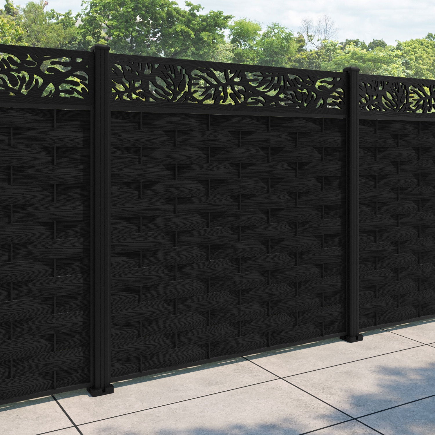 Ripple Botanic Fence Panel - Black - with our aluminium posts