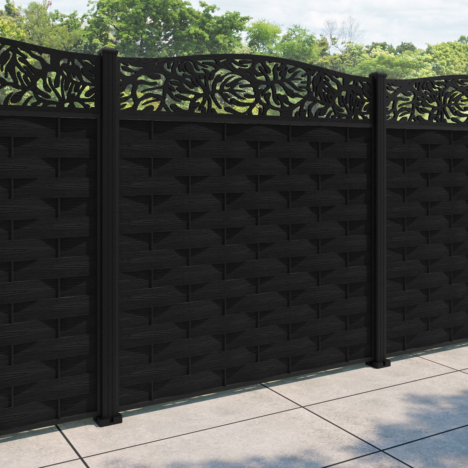 Ripple Botanic Curved Top Fence Panel - Black - with our aluminium posts