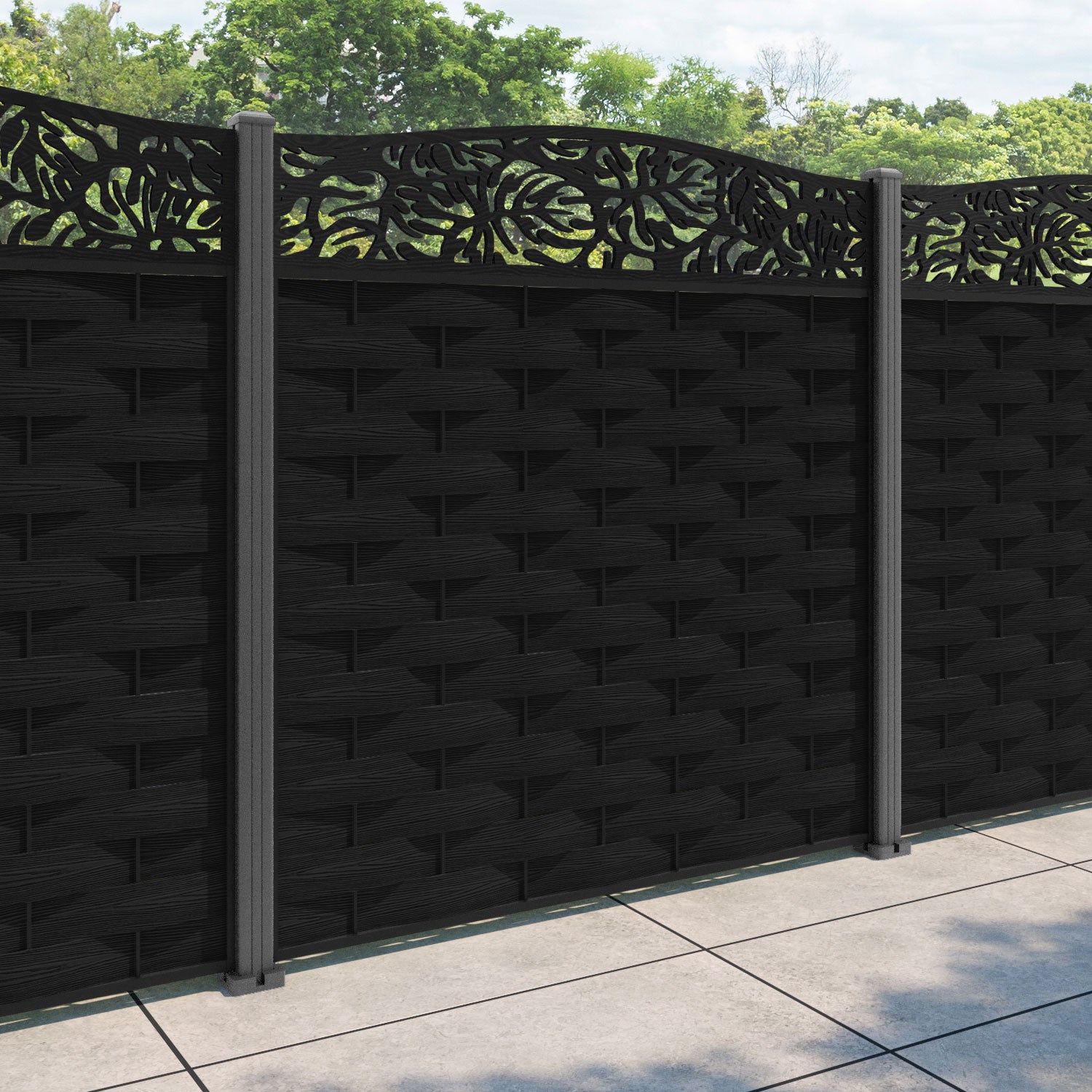 Ripple Botanic Curved Top Fence Panel - Black - with our aluminium posts