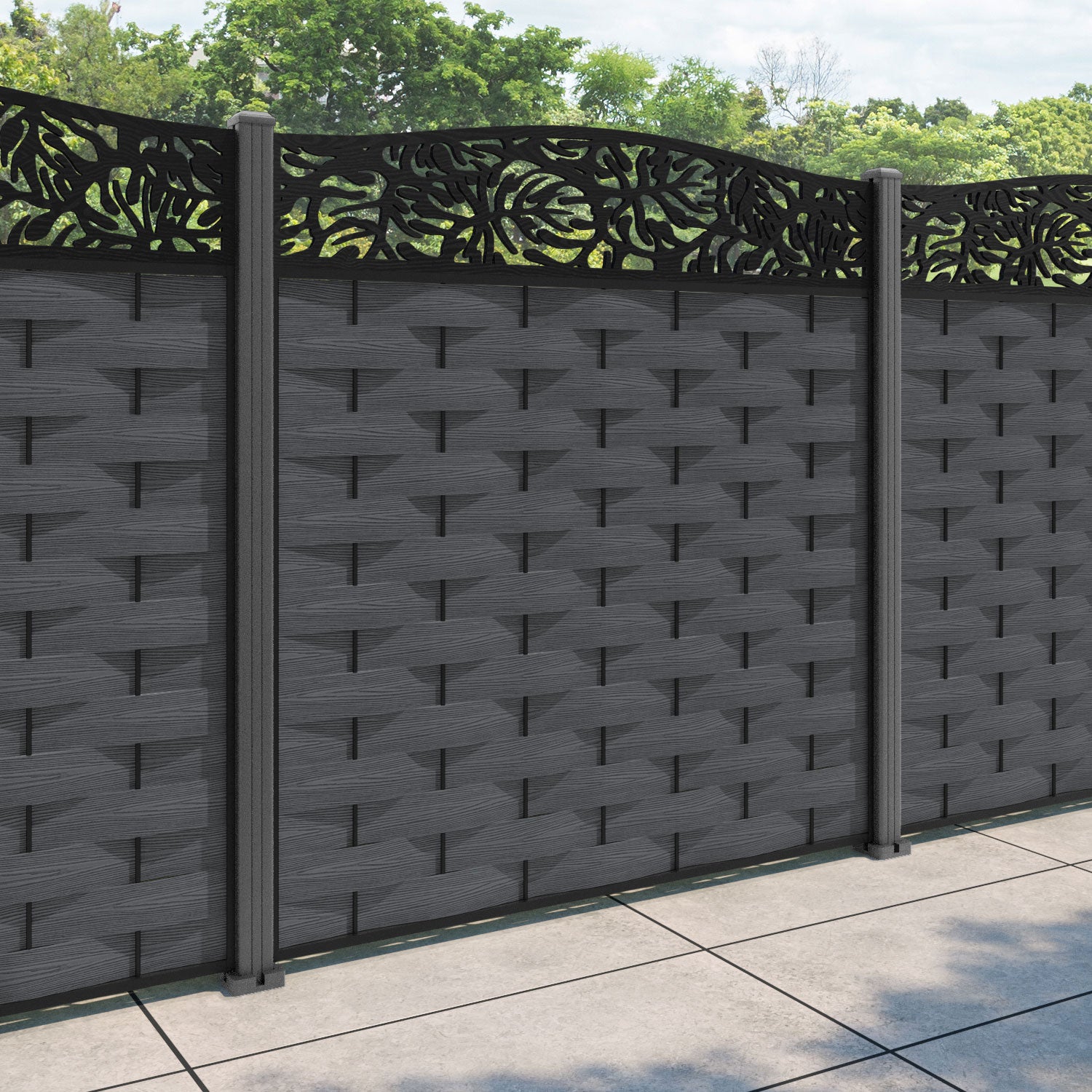 Ripple Botanic Curved Top Fence Panel - Dark Grey - with our aluminium posts