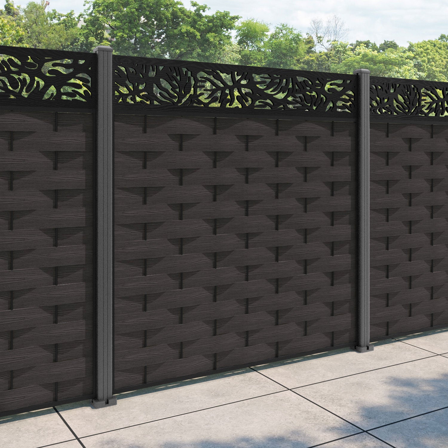Ripple Botanic Fence Panel - Dark Oak - with our aluminium posts