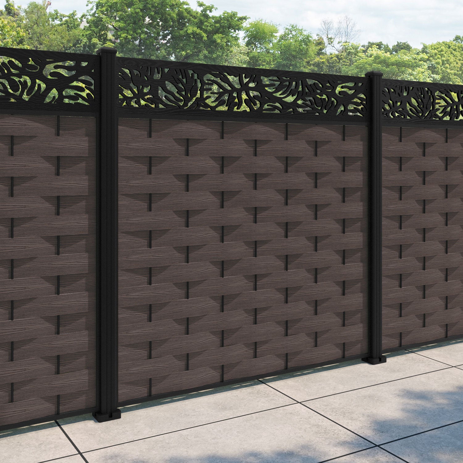 Ripple Botanic Fence Panel - Mid Brown - with our aluminium posts