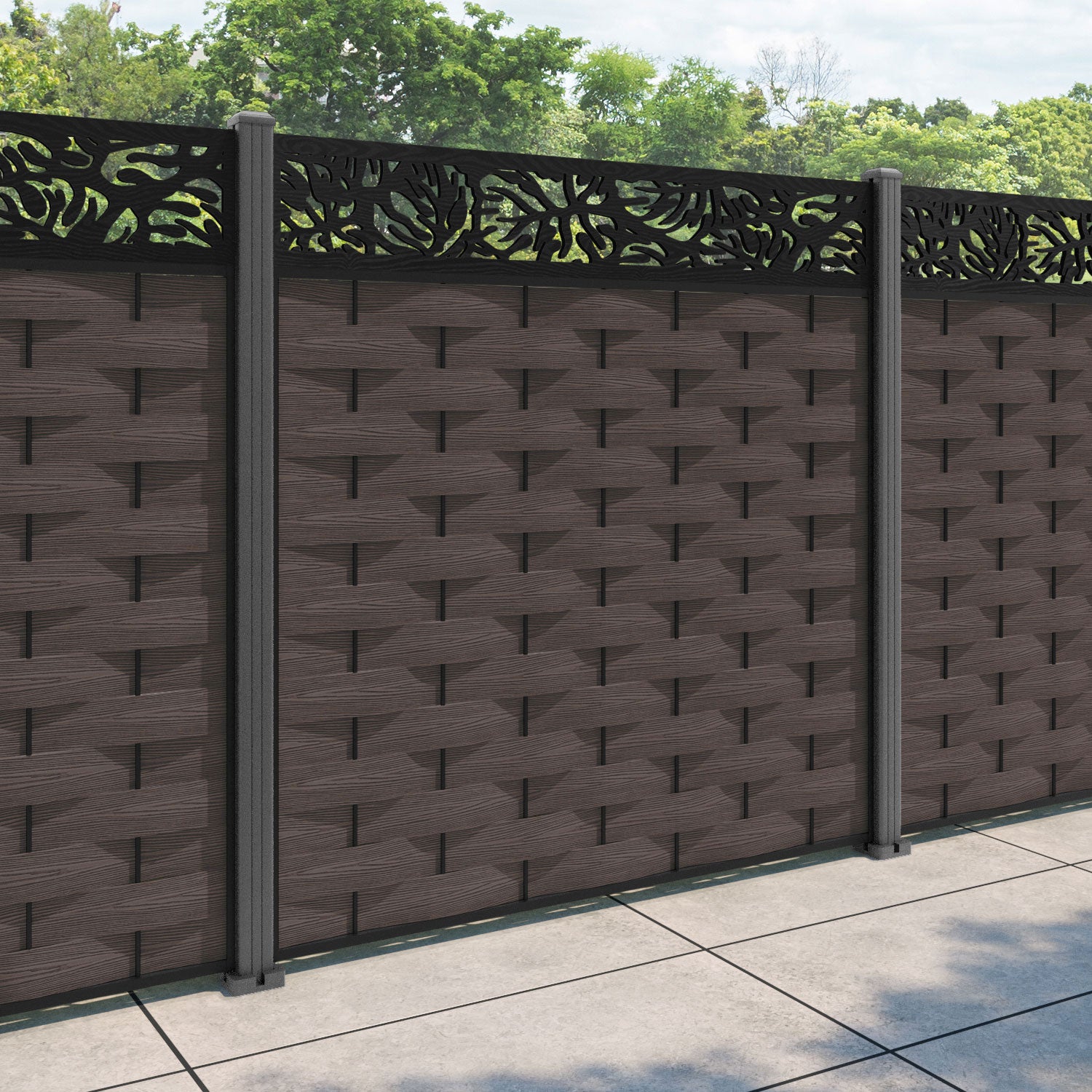 Ripple Botanic Fence Panel - Mid Brown - with our aluminium posts