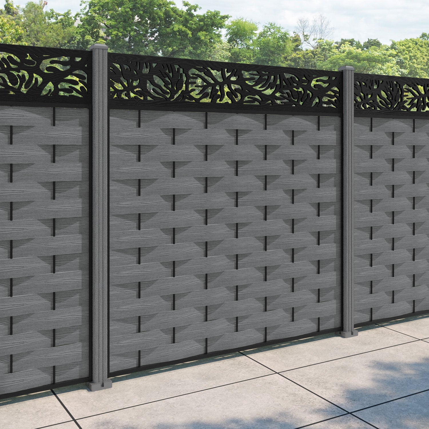 Ripple Botanic Fence Panel - Mid Grey - with our composite posts