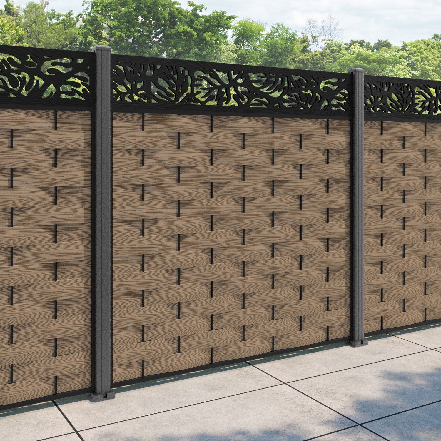 Ripple Botanic Fence Panel - Teak - with our aluminium posts