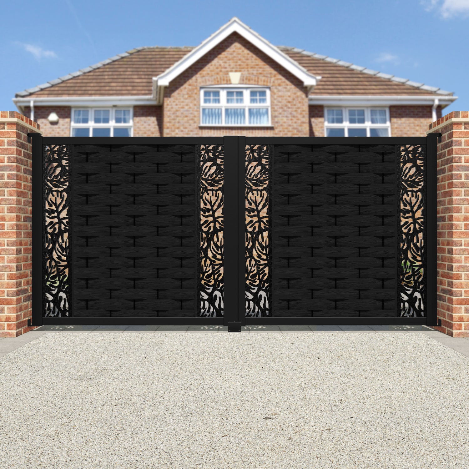 Ripple Botanic Straight Top Driveway Gate - Black - Middle & End Screen