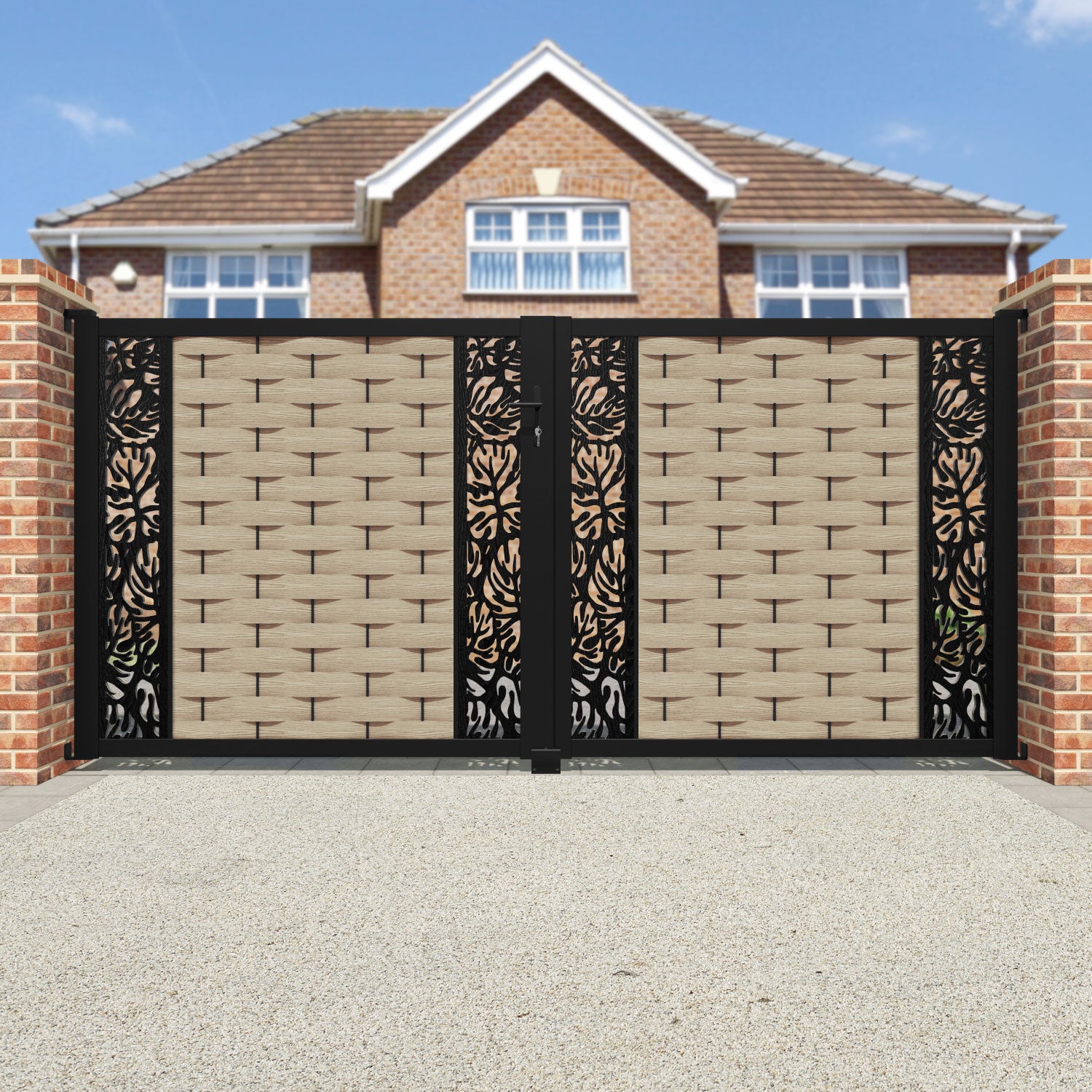 Ripple Botanic Straight Top Driveway Gate - Light Oak - Middle & End Screen