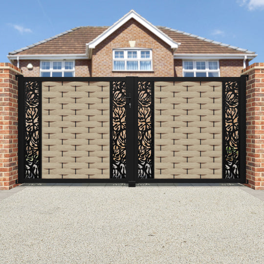 Ripple Botanic Straight Top Driveway Gate - Light Oak - Middle & End Screen