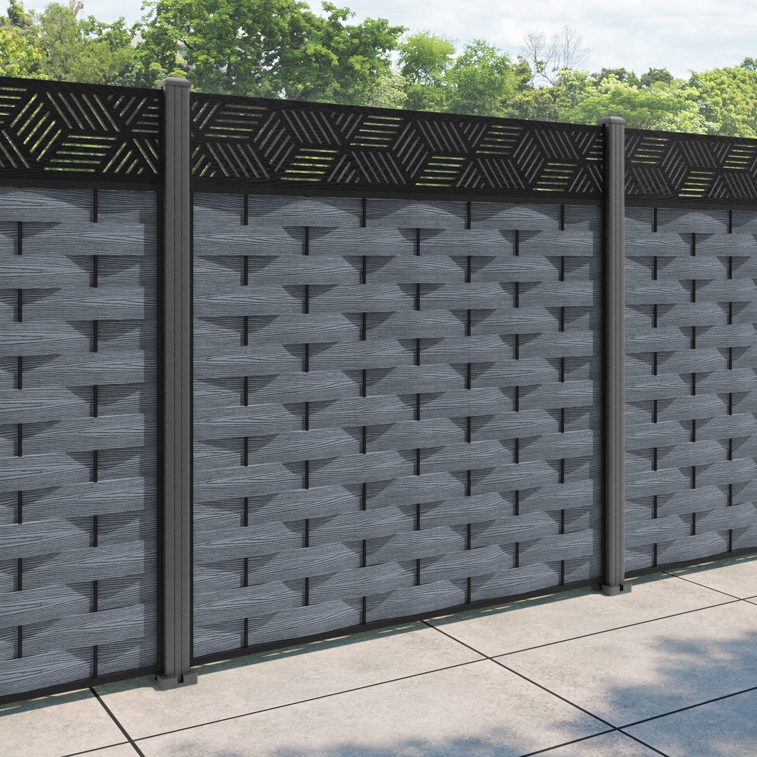 Ripple Cubed Fence Panel - Anthracite - with our aluminium posts
