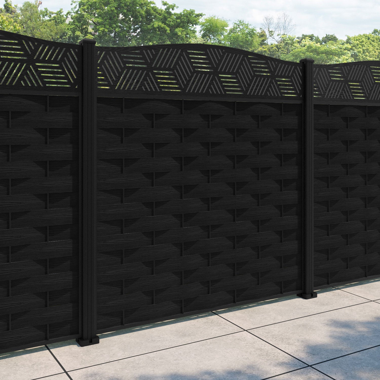 Ripple Cubed Curved Top Fence Panel - Black - with our aluminium posts