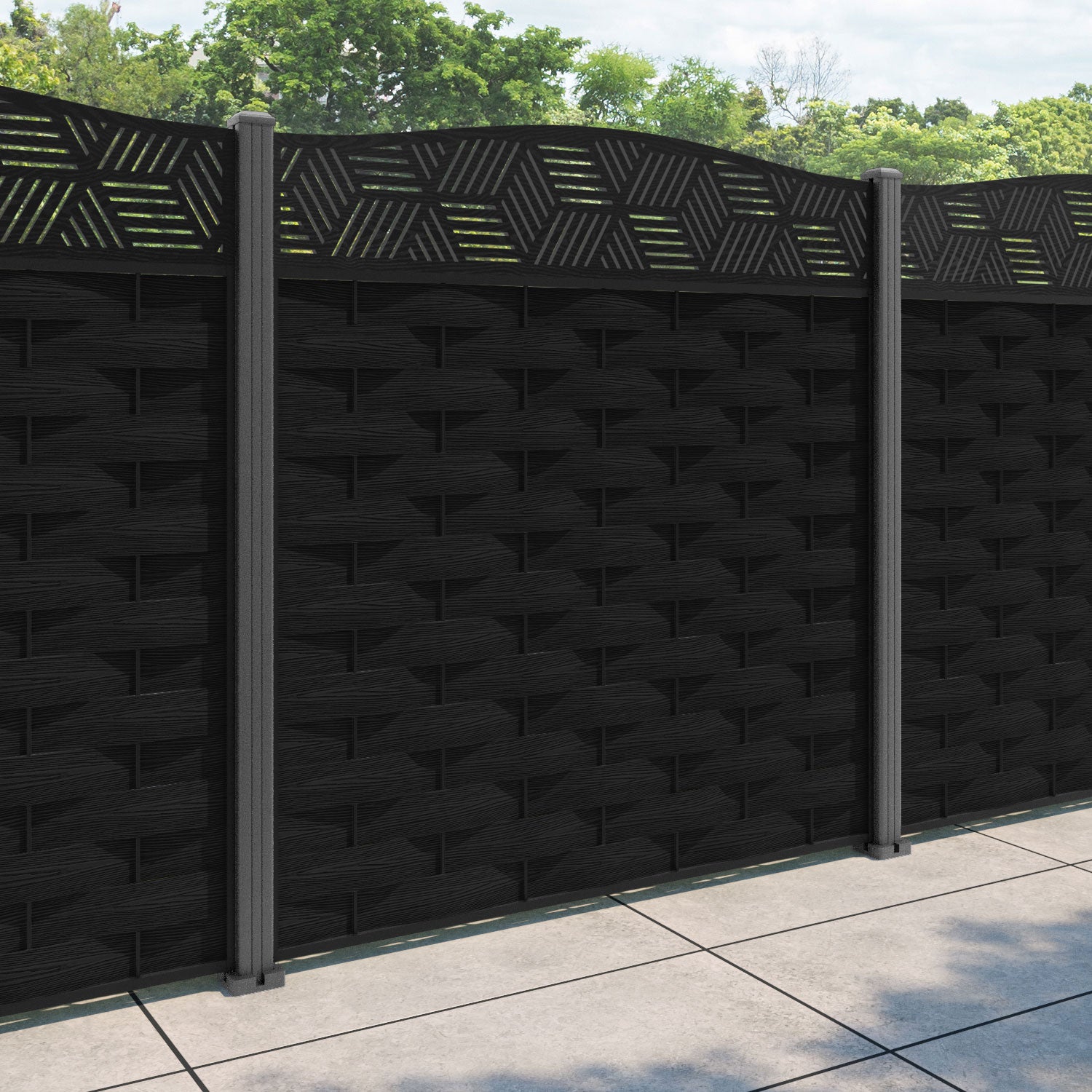 Ripple Cubed Curved Top Fence Panel - Black - with our aluminium posts