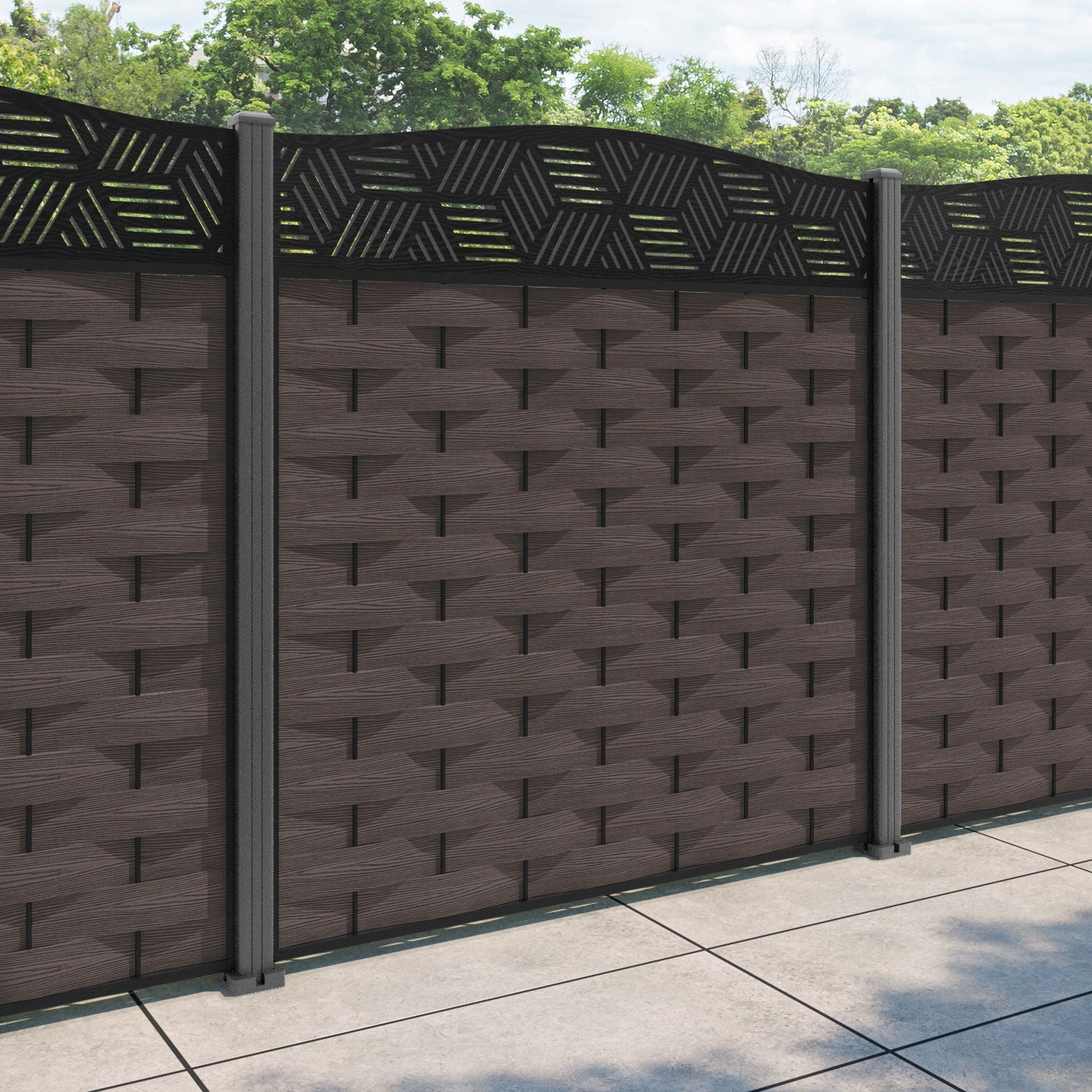 Ripple Cubed Curved Top Fence Panel - Mid Brown - with our aluminium posts