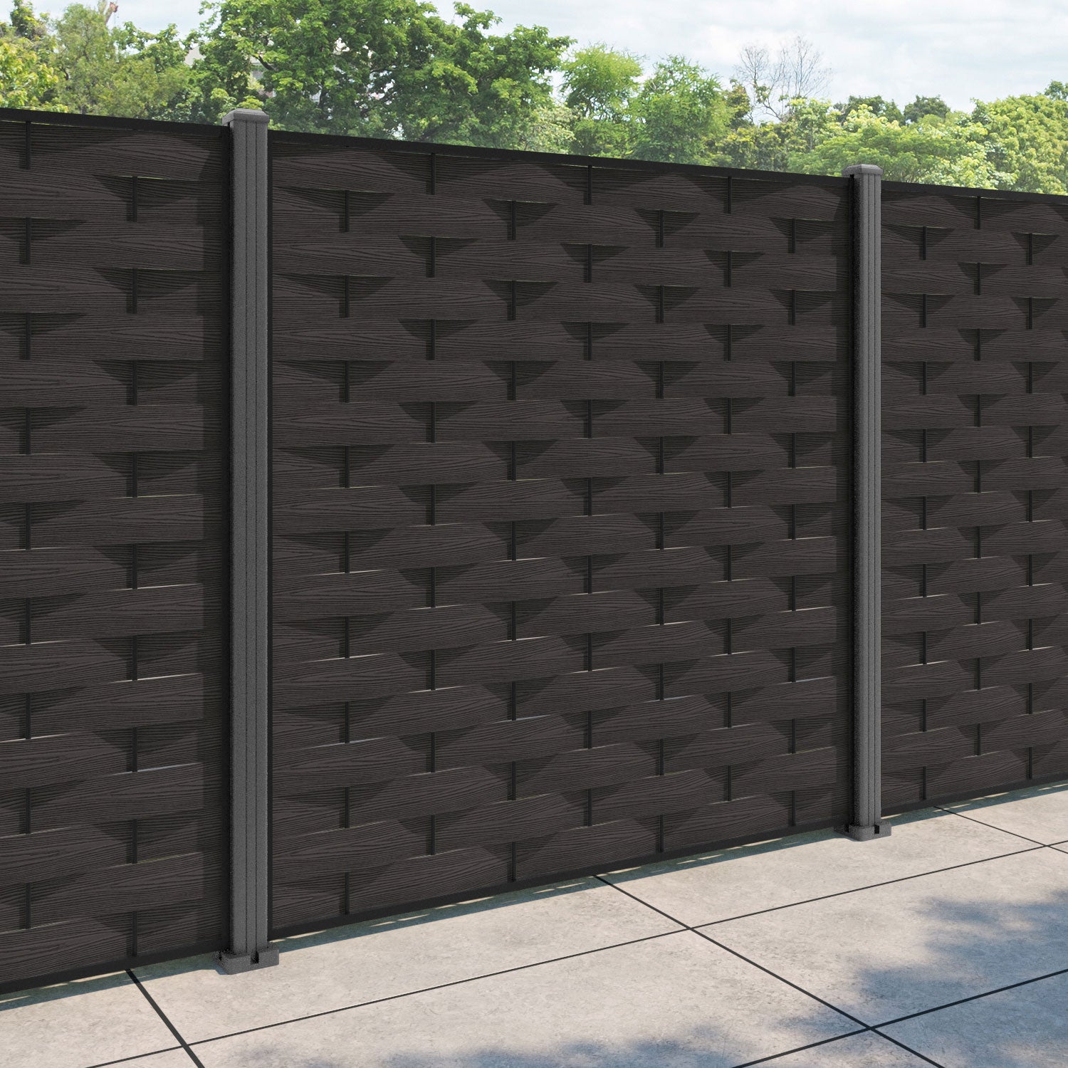 Ripple Fence Panel - Dark Oak - with our aluminium posts