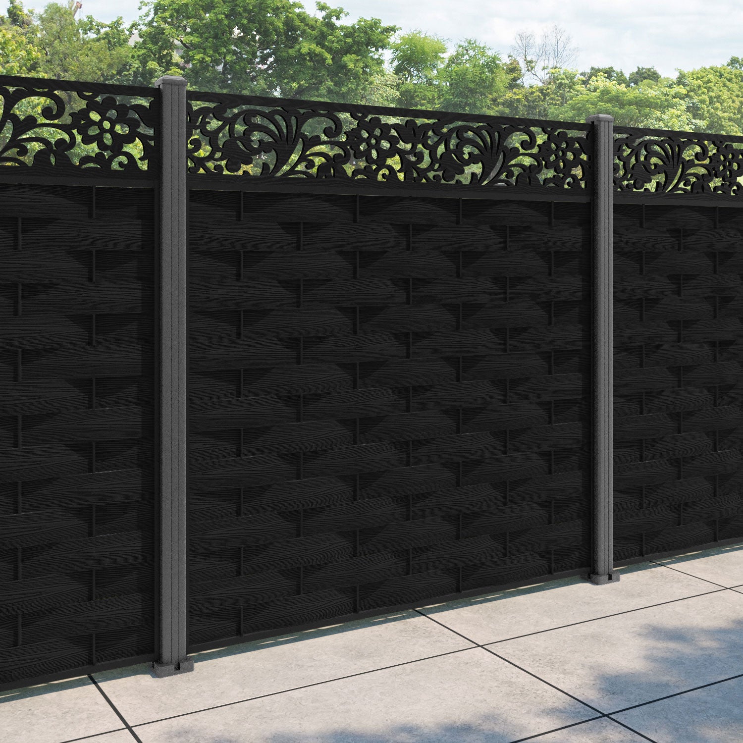 Ripple Eden Fence Panel - Black - with our aluminium posts