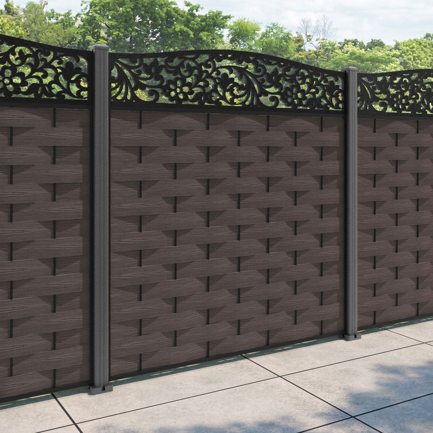 Ripple Eden Curved Top Fence Panel - Mid Brown - with our aluminium posts