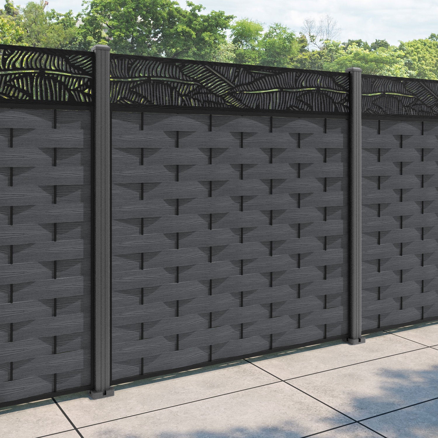 Ripple Feather Fence Panel - Dark Grey - with our aluminium posts