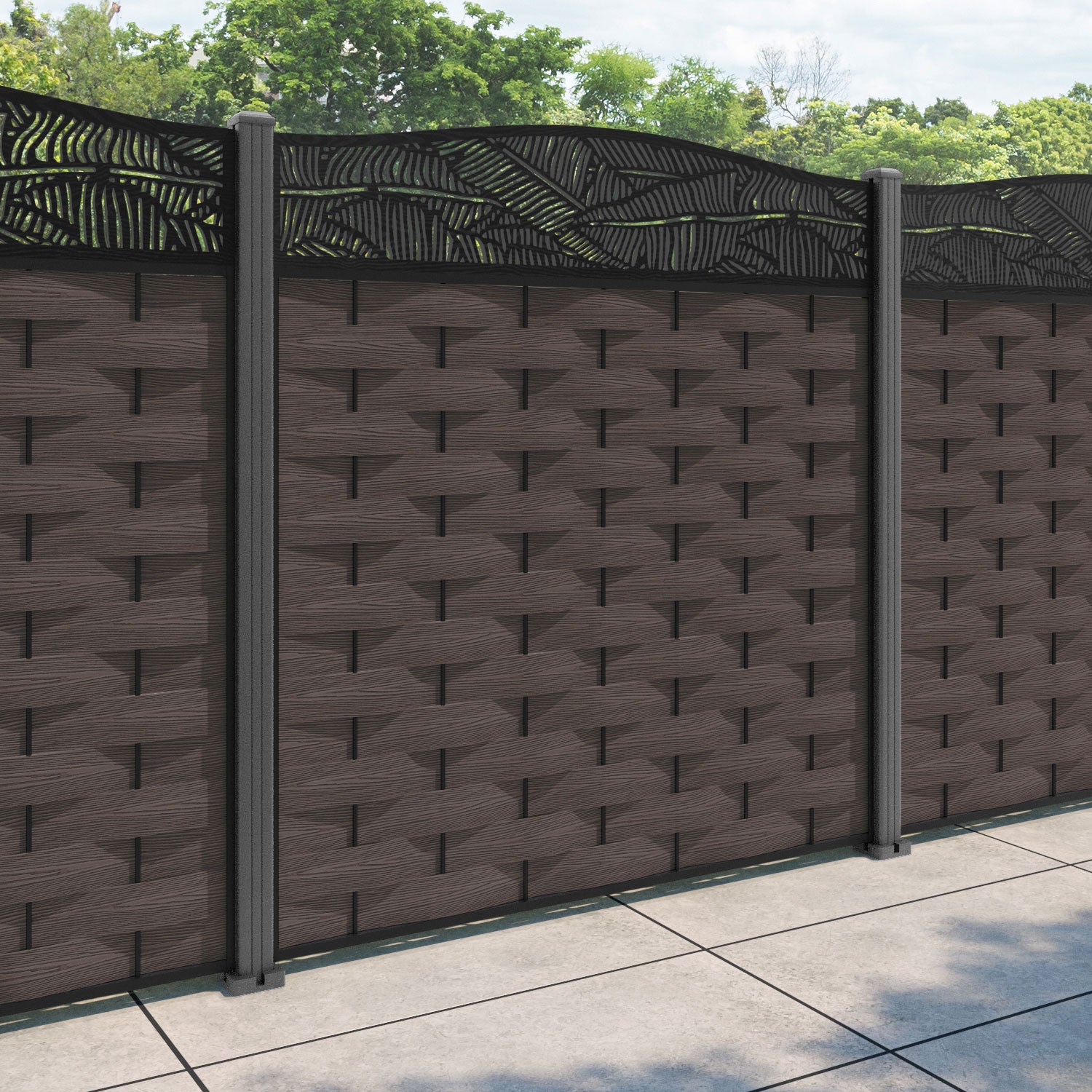 Ripple Feather Curved Top Fence Panel - Mid Brown - with our aluminium posts