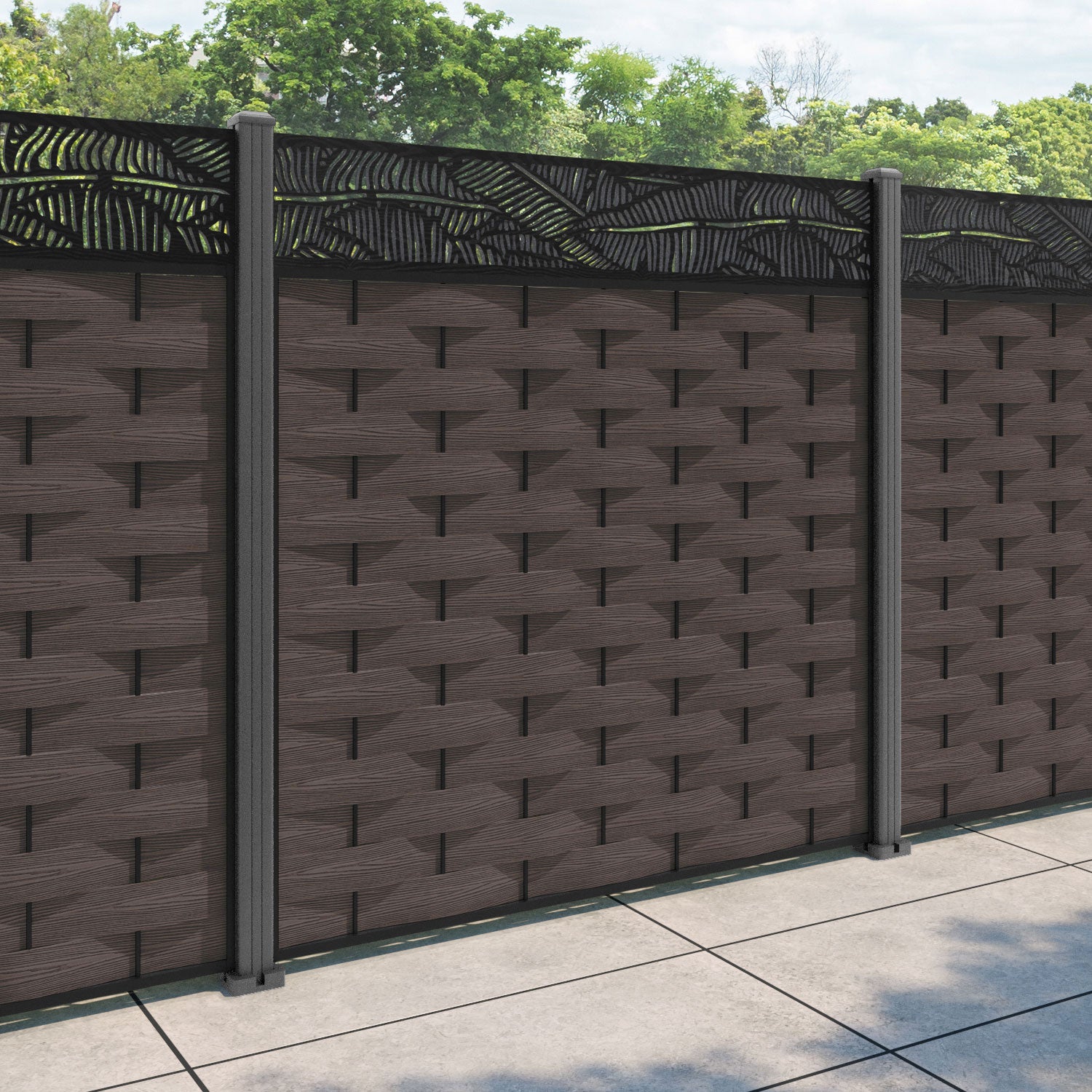 Ripple Feather Fence Panel - Mid Brown - with our aluminium posts