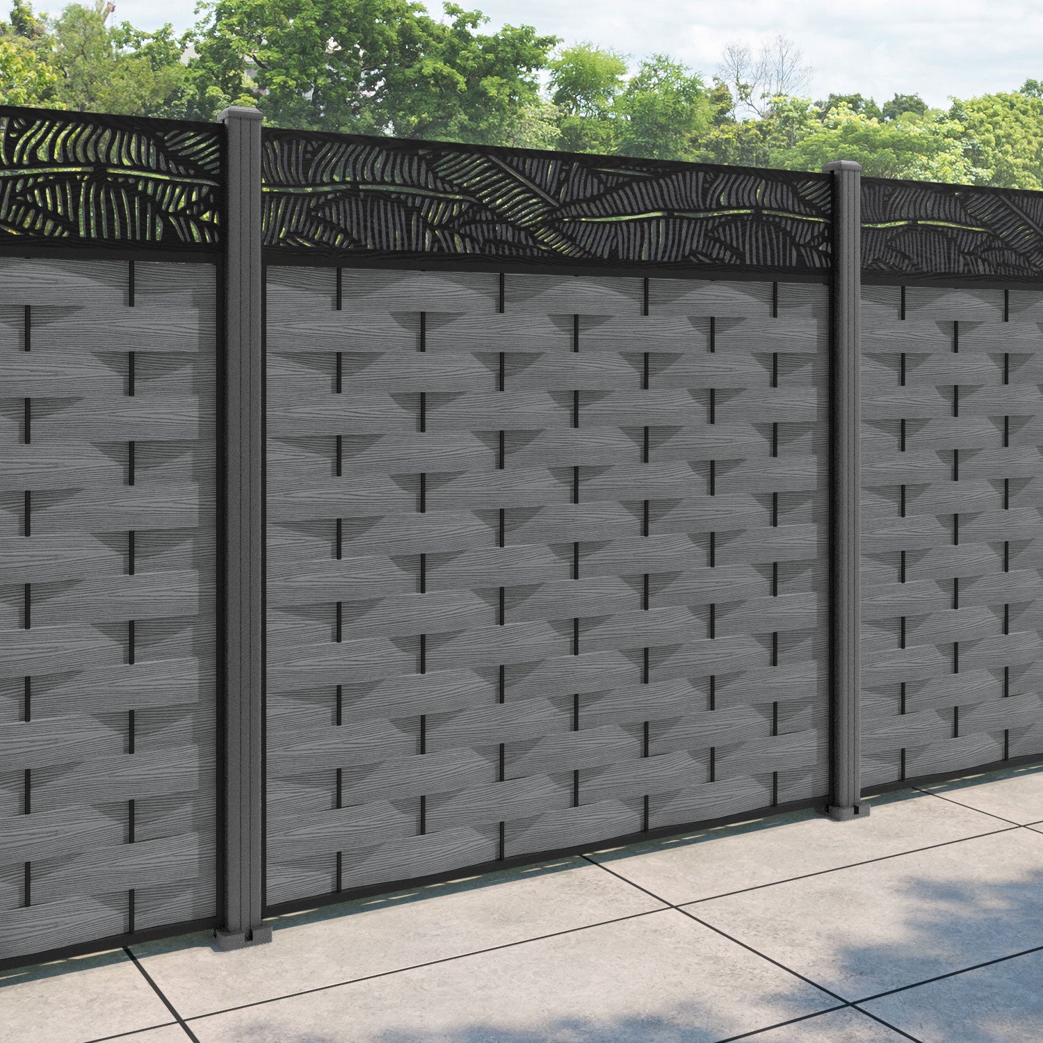 Ripple Feather Fence Panel - Mid Grey - with our aluminium posts