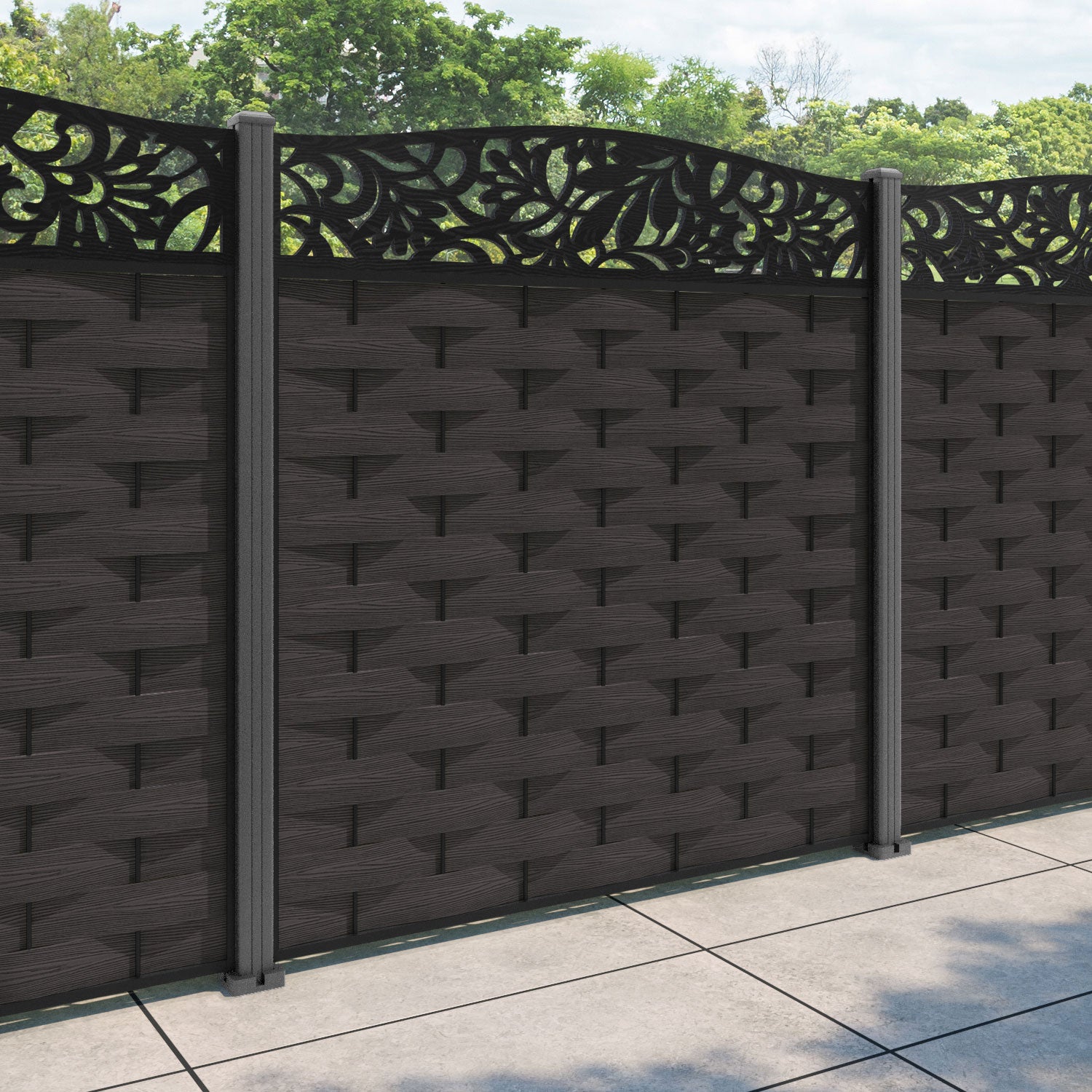 Ripple Heritage Curved Top Fence Panel - Dark Oak - with our aluminium posts