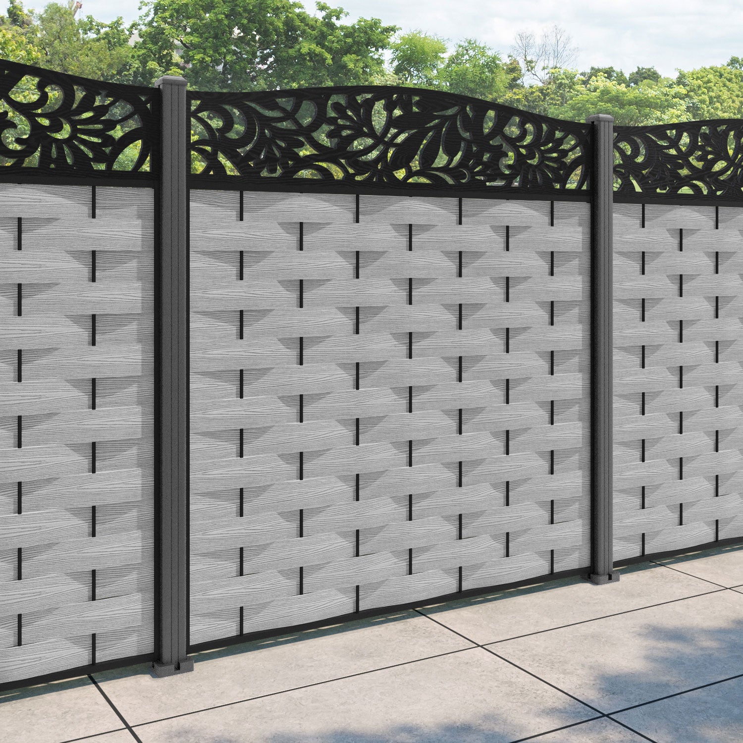 Ripple Heritage Curved Top Fence Panel - Light Grey - with our aluminium posts
