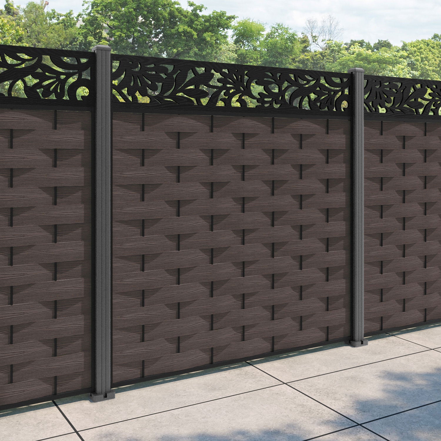 Ripple Heritage Fence Panel - Mid Brown - with our aluminium posts