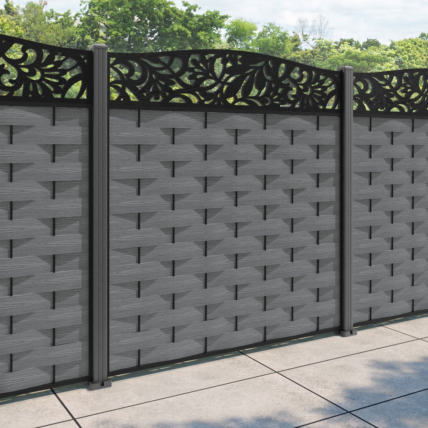 Ripple Heritage Curved Top Fence Panel - Mid Grey - with our aluminium posts