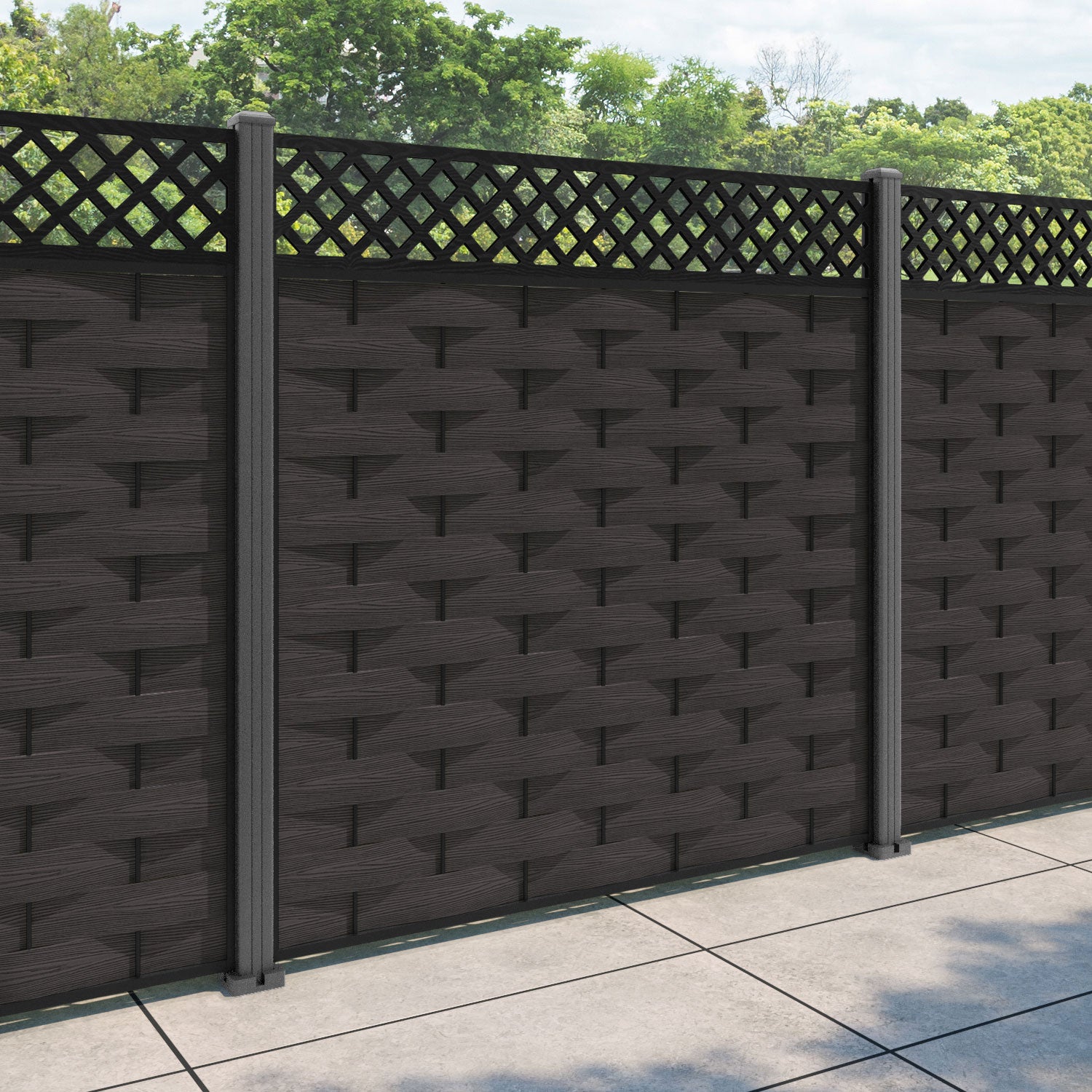 Ripple Hive Fence Panel - Dark Oak - with our aluminium posts