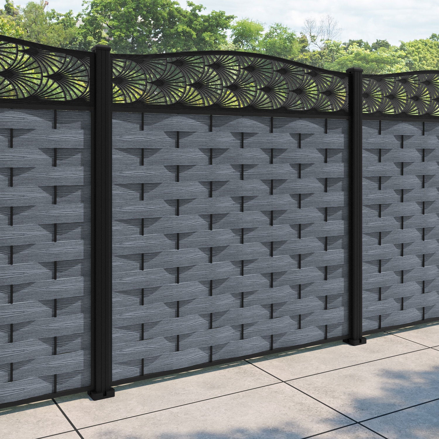 Ripple Laurel Curved Top Fence Panel - Anthracite - with our aluminium posts