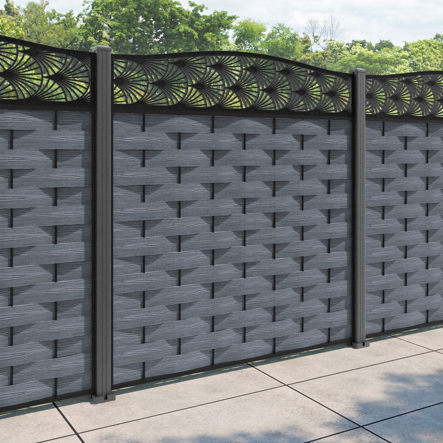 Ripple Laurel Curved Top Fence Panel - Anthracite - with our aluminium posts