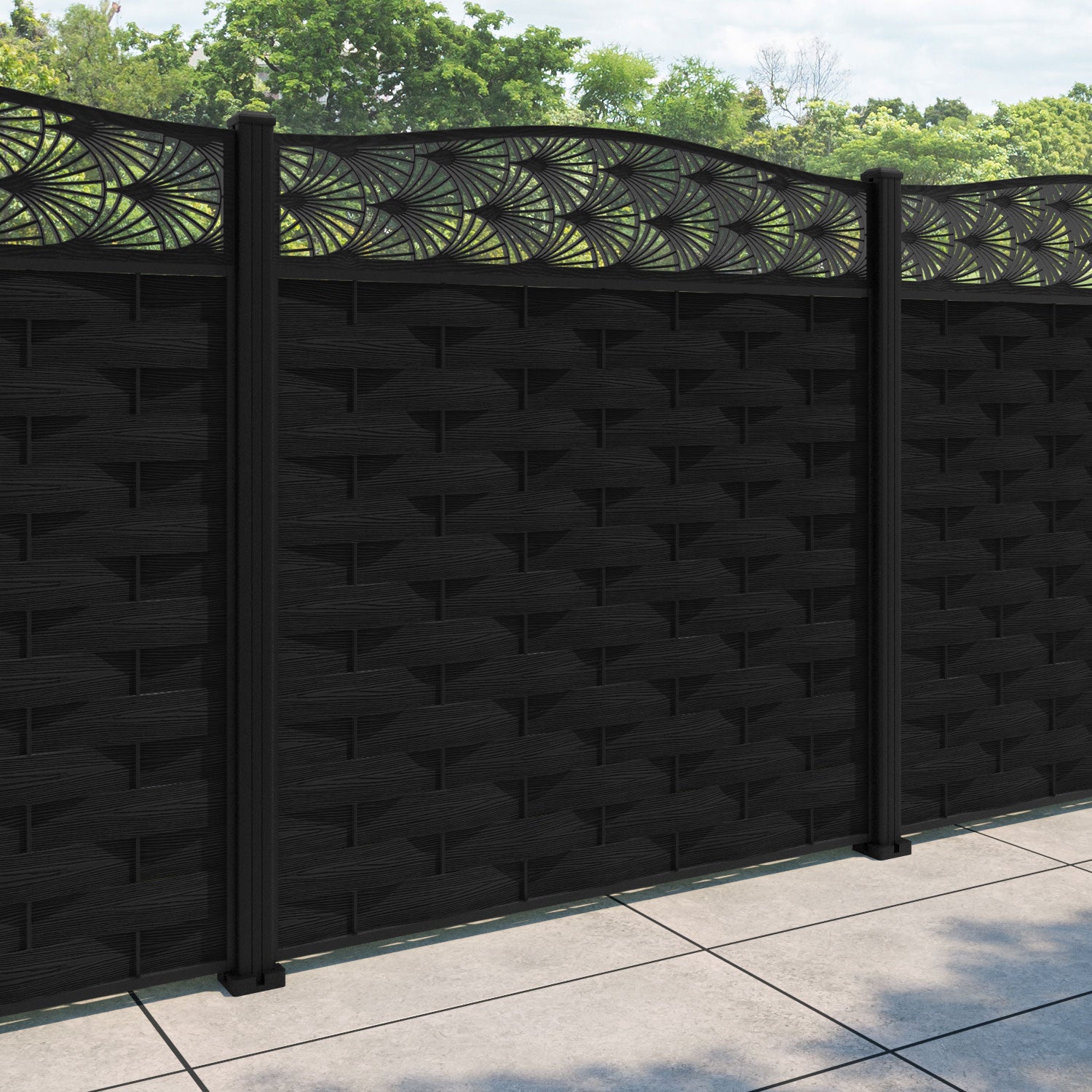 Ripple Laurel Curved Top Fence Panel - Black - with our aluminium posts