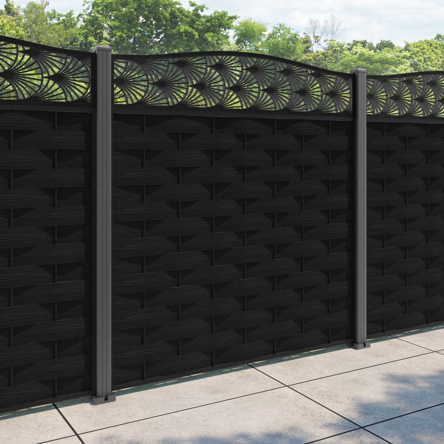Ripple Laurel Curved Top Fence Panel - Black - with our aluminium posts