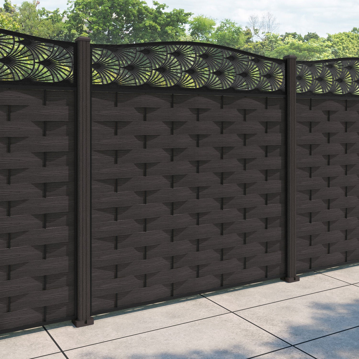 Ripple Laurel Curved Top Fence Panel - Dark Oak - with our composite posts