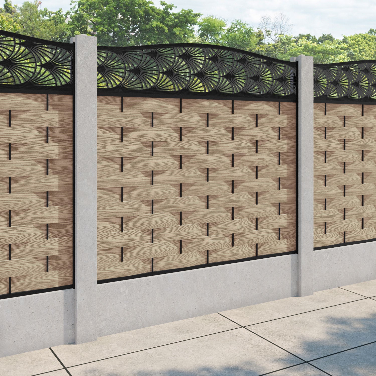 Ripple Laurel Curved Top Fence Panel - Light Oak - for existing concrete posts