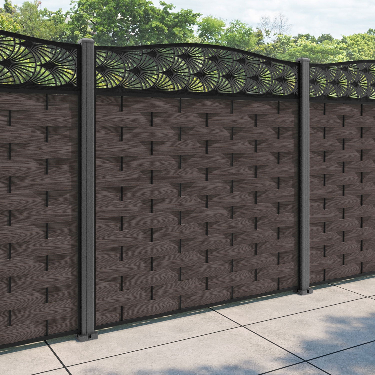 Ripple Laurel Curved Top Fence Panel - Mid Brown - with our aluminium posts
