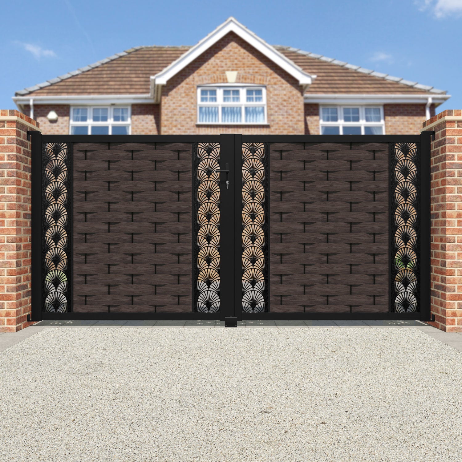 Ripple Laurel Straight Top Driveway Gate - Mid Brown - Middle & End Screen