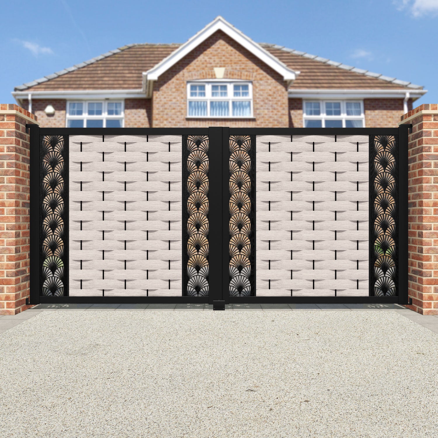 Ripple Laurel Straight Top Driveway Gate - Mid Stone - Middle & End Screen