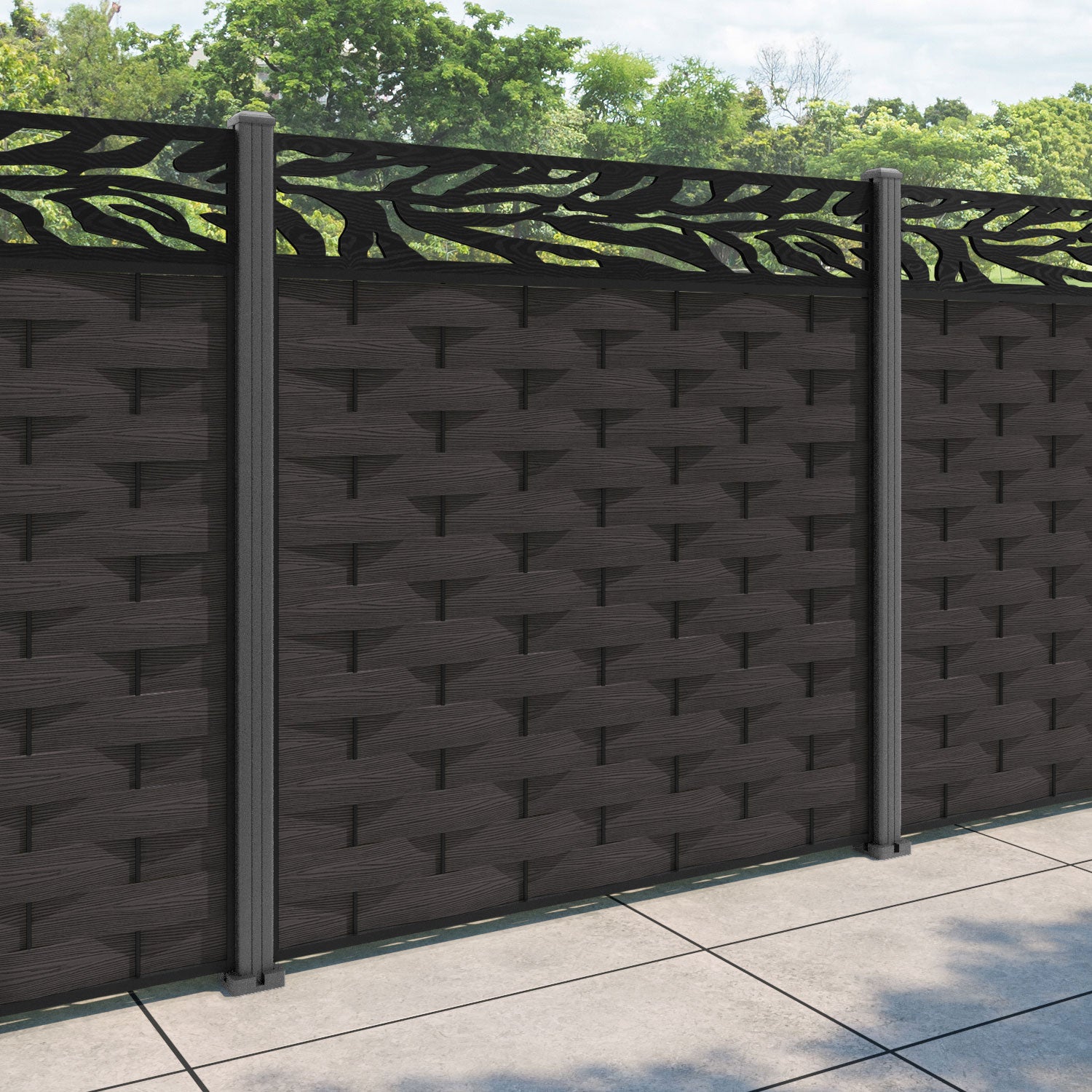 Ripple Malawi Fence Panel - Dark Oak - with our aluminium posts